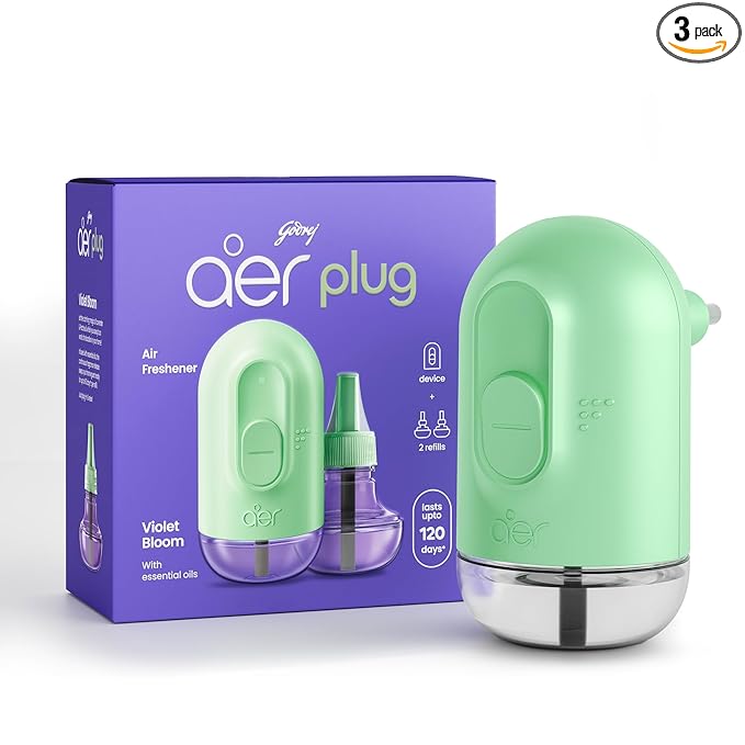 Godrej aer Plug Electric Air Freshener (Machine + 2 Refills (20Ml each) | Violet Bloom | Lasts up to 120 days,Solid