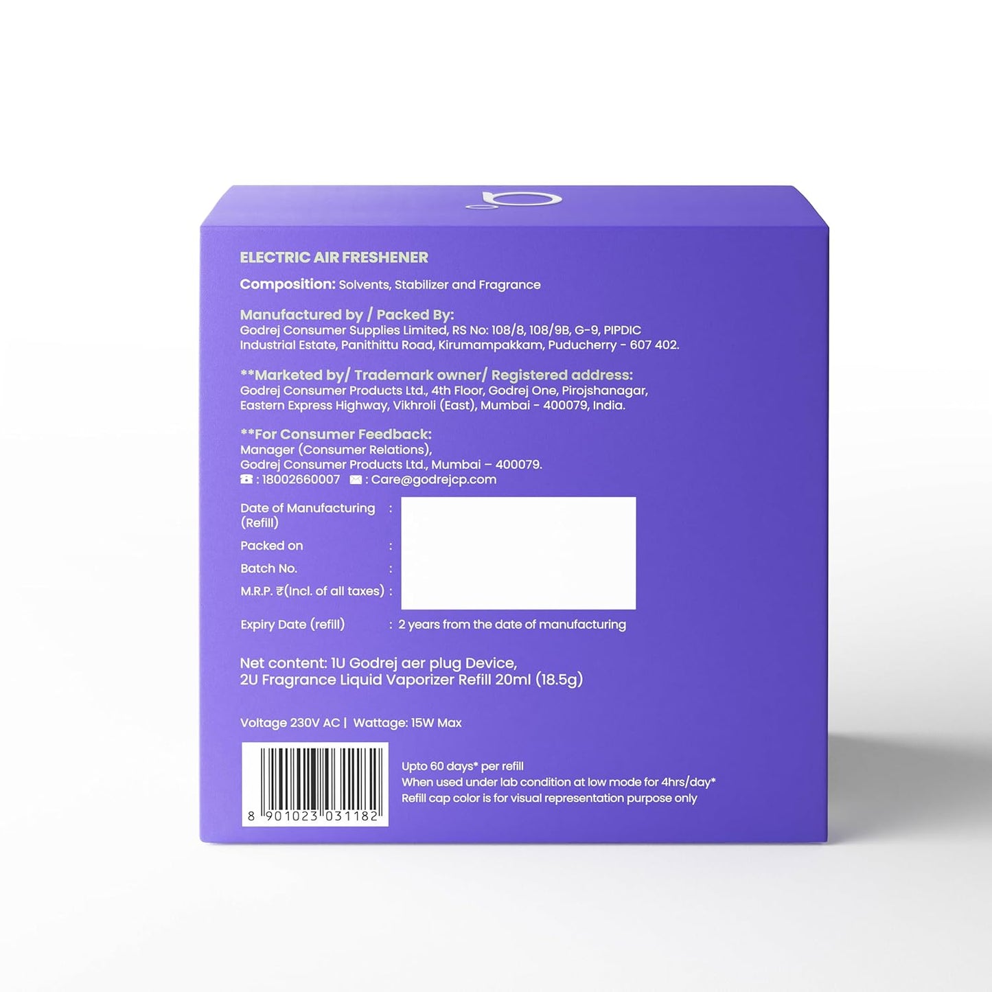 Godrej aer Plug Electric Air Freshener (Machine + 2 Refills (20Ml each) | Violet Bloom | Lasts up to 120 days,Solid